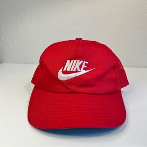 Vintage 1980s • NIKE • Red Mesh Back Trucker Hat -  Embroidered Logo  SUPER-CAP